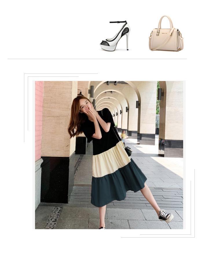 Maternity Summer A-line Knee-Length Dress with Contrast Color Splicing
