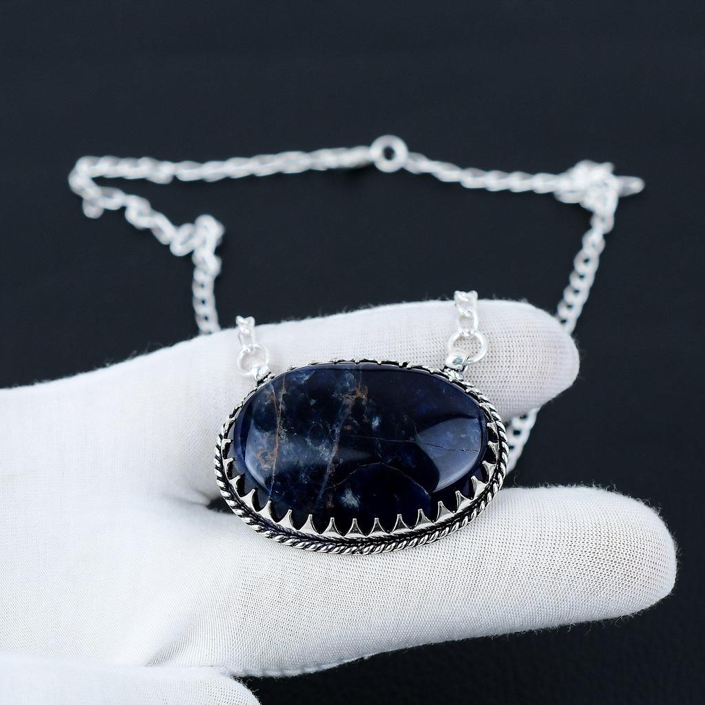 Sodalite Gemstone Jewelry Necklace, Natural Sodalite 925 Sterling Silver Charm Necklace For Wedding Gift, Silver Necklace For Women Gifts