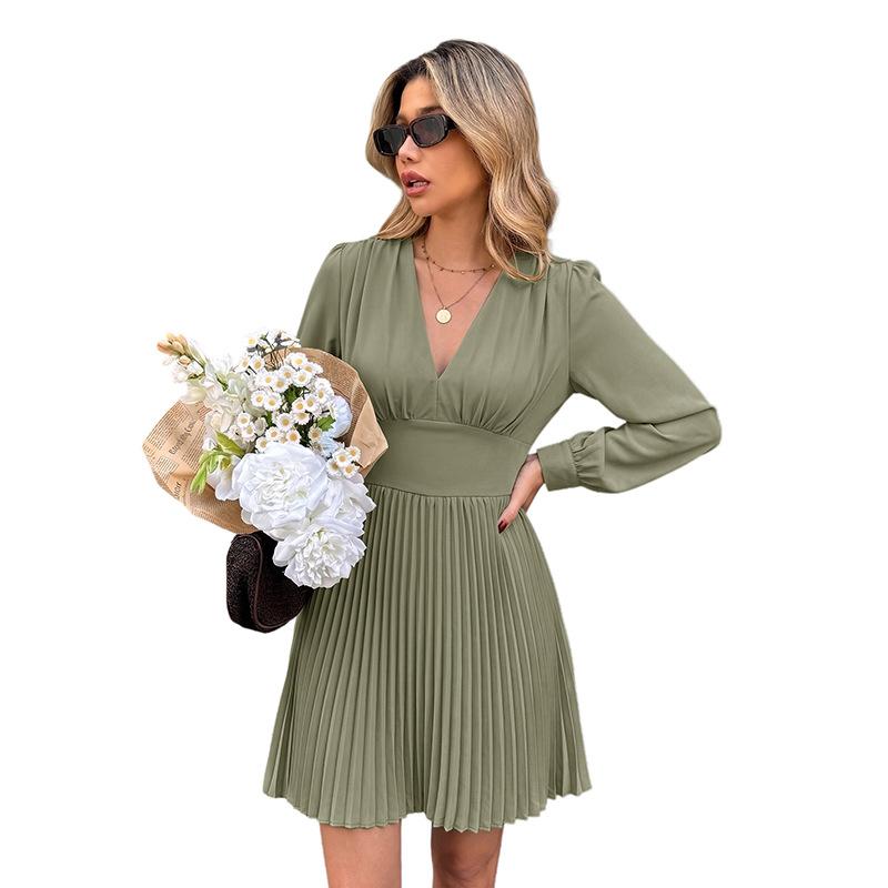 [Baizhiyi] Autumn popular French gentle wind long-sleeved solid color pleated dress