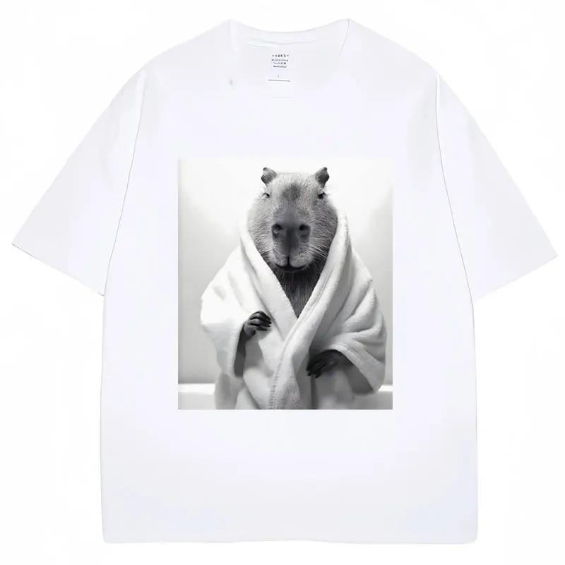 Funny Capybara in Bathrobe Print T Shirts Creativity Popular Unisex Summer Short Sleeve 100 Cotton Oversized Casual Tees Unisex