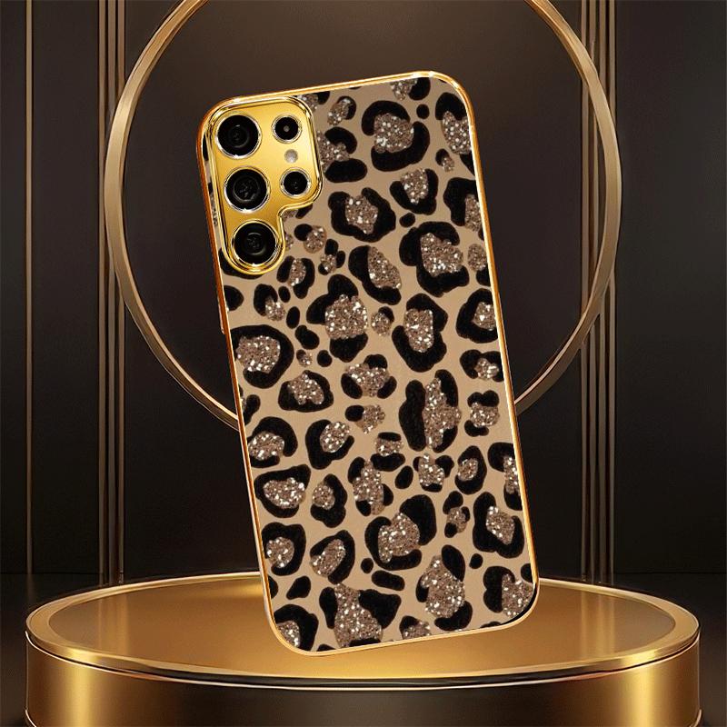 Sparkling Golden Glitter Leopard Print Textured Glass Phone Case for Galaxy s26 /S25/S24 Ultra/S23/S22/S21/S20 FE/S20 Ultra