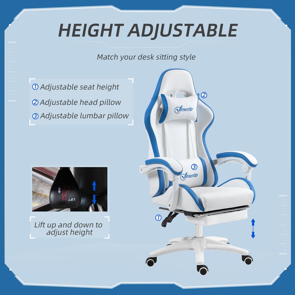 Computer Gaming Chair, PU Leather Office Desk Chair with Footrest, Swivel Wheels, 135 degrees Reclining Back, Lumbar Support, Headrest for Home