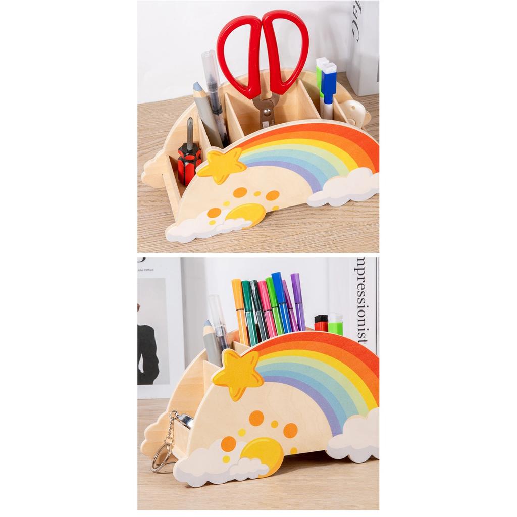 Lovely Wooden Rainbow Pen Container Multi-Compartment Pencil Case Desktop Stationery Organizer for School Office Gifts for Kids