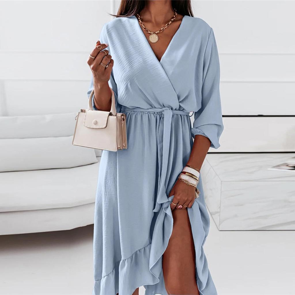 Women's Fashionable Elegant Color V-Neck Ruffle Long Sleeve Dress