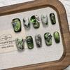 Green Butterfly Short Almond Press-On Nails Handmade Artificial Nail Tips Women Girls