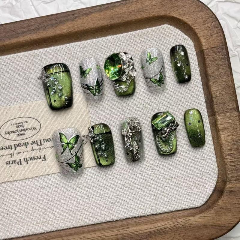 Green Butterfly Short Almond Press-On Nails Handmade Artificial Nail Tips Women Girls