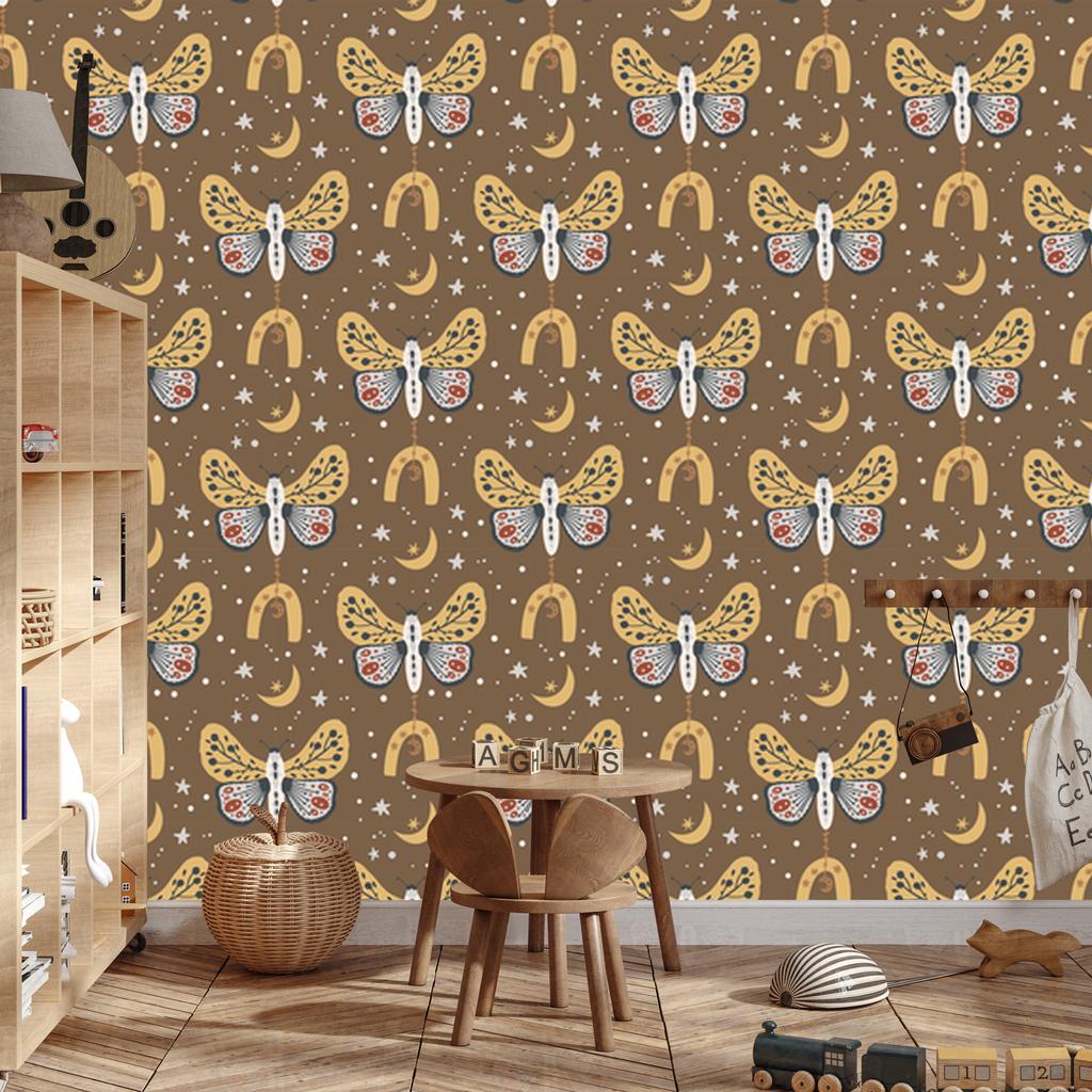 Rainbows and Butterflies Boho Wallpaper Ochre and Gold for Living Room and Bedroom 50x1000
