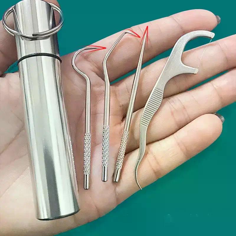 Set di stuzzicadenti in acciaio inossidabile Filo interdentale Stuzzicadenti riutilizzabili Stuzzicadenti portatile Filo interdentale Detergente per denti Pulizia orale