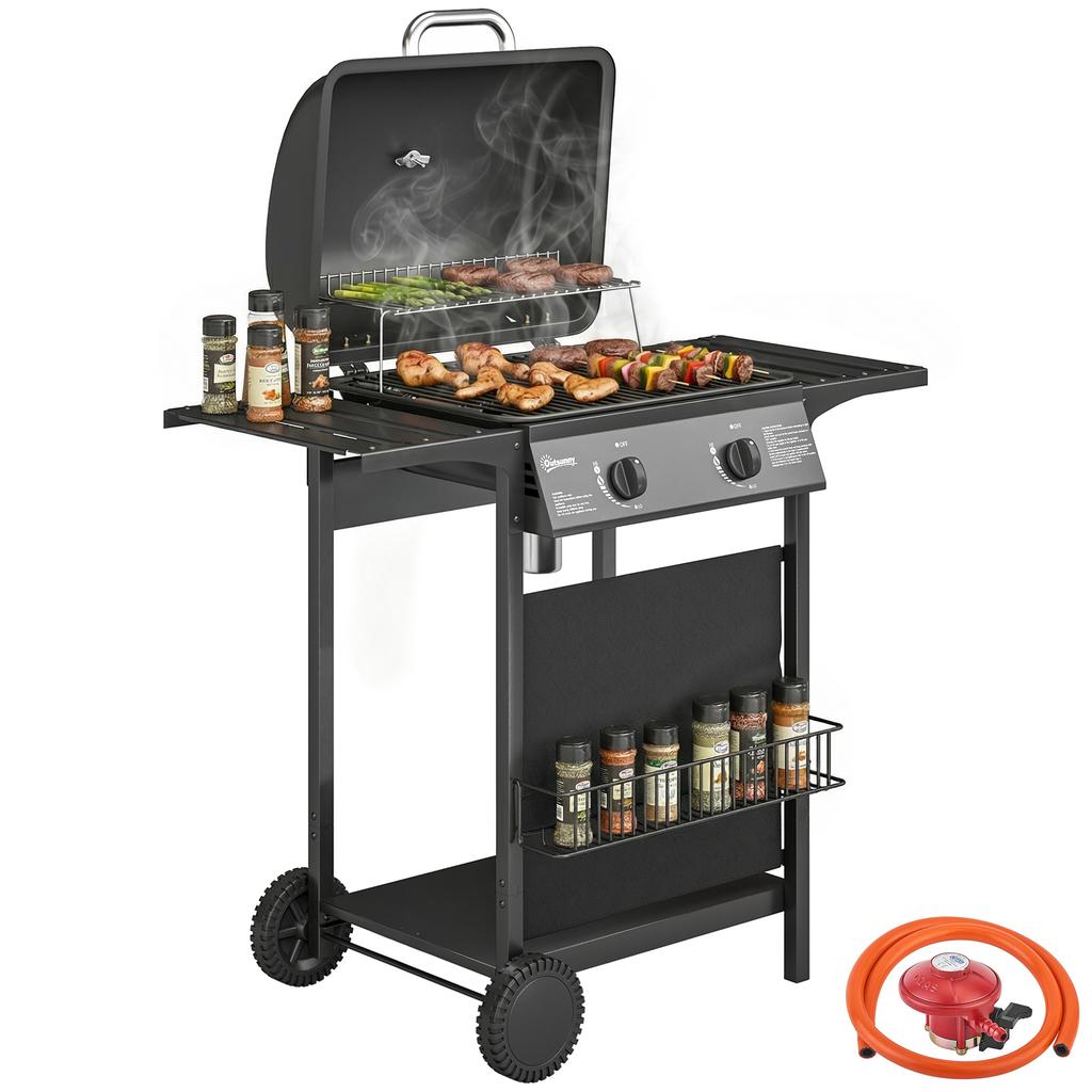 Gas Burner Barbecue Grill, 2 Burner Gas Grill with Side Tables, Warming Rack, Shelf, Thermometer, Grease Tray, Black