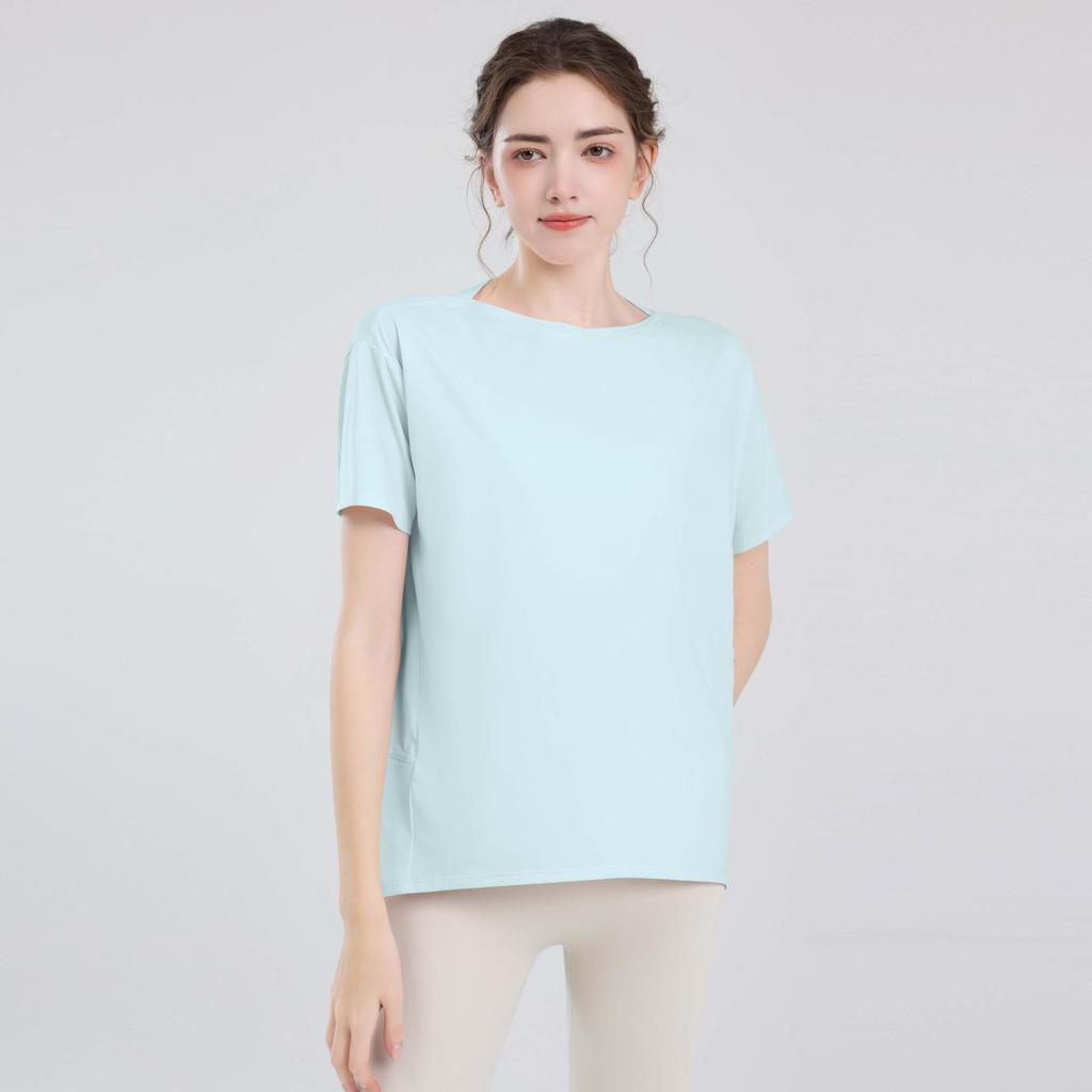 Women's Nude Sports Vest: Loose, Hip-Covering, Slimming Yoga Tops & Summer Training Tees with Short Sleeves.