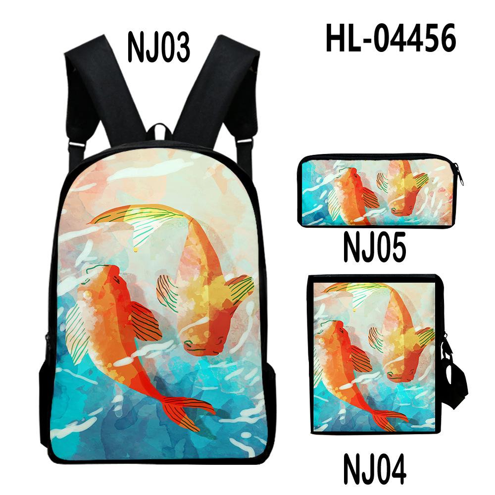 Classic Novelty Cool Koi Carp 3D Print 3pcs/Set Pupil School Bags Laptop Daypack Backpack Inclined Shoulder Bag Pencil Case