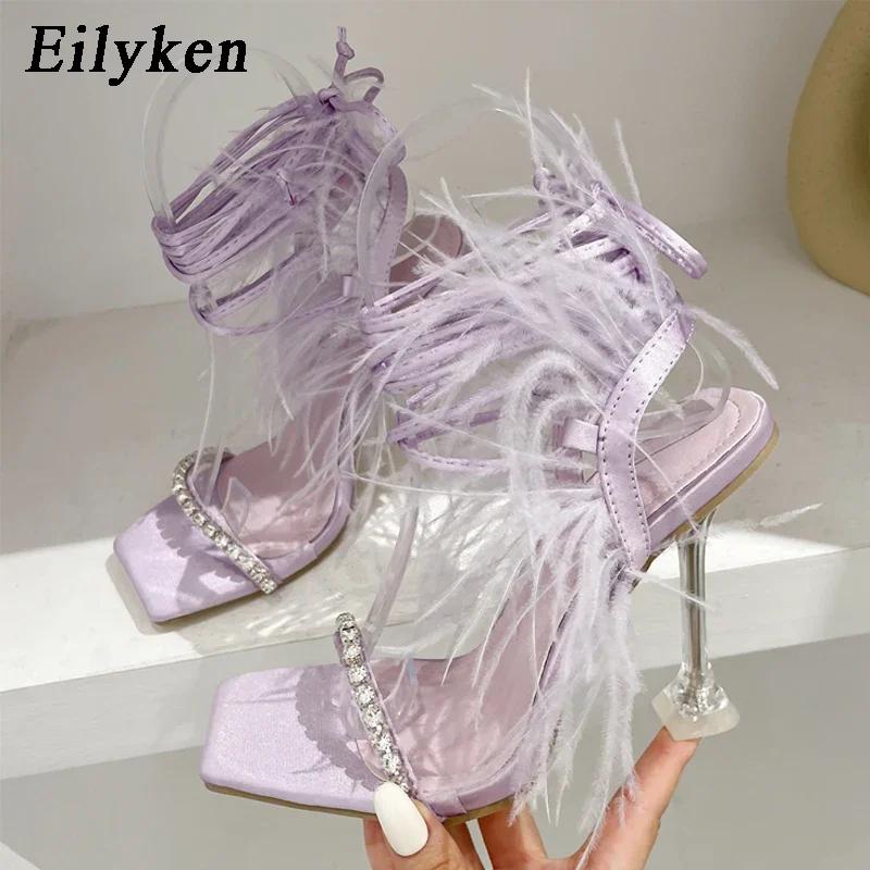 Fashion Eilyken Street Style Square Toe Woman Sandals Fashion Crystal Lace-up Transparent Perspex High Heels Shoes Party Dress Pumps