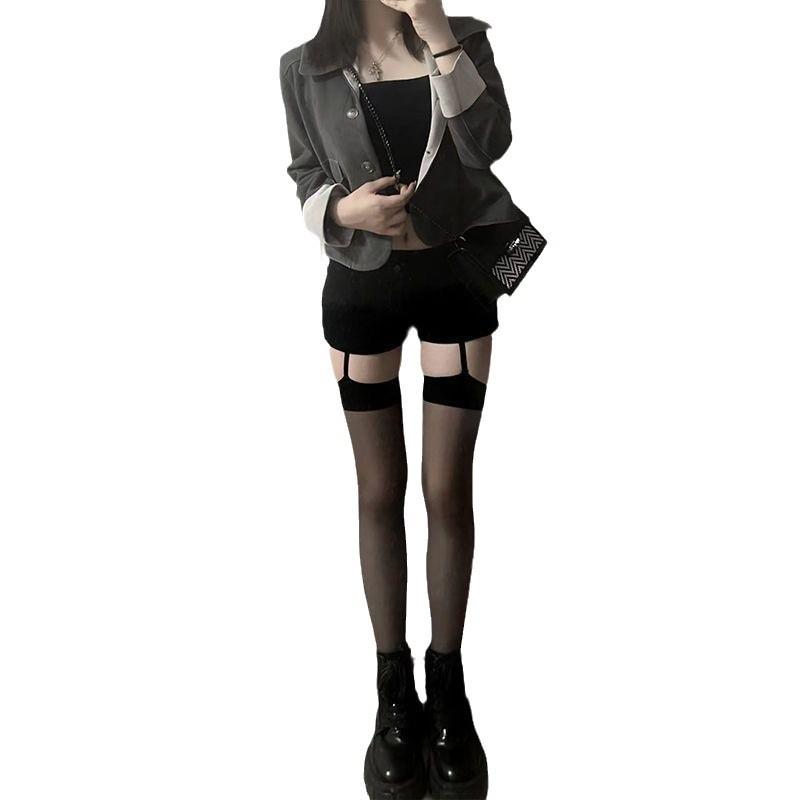 Mu Ruan Hong Color Edge Black Silk Skin Silk Suspender Integrated Knee Socks Women'S Tide Sexy Contrast Color Pure Desire Wind High Long Tube