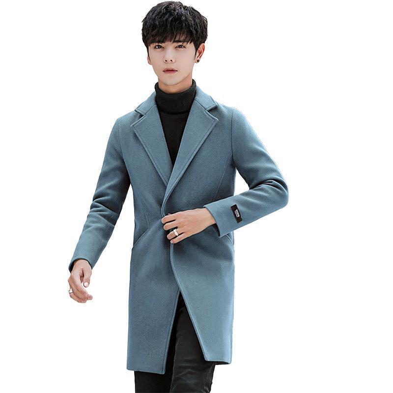 Men's 2022 Korean-Style Woolen Windbreaker Coat with Plus Velvet Long Jacket.