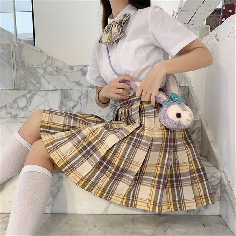 

Yamabuki Rabbit Cheer Uniform Set: Summer Short-Sleeve Shirt & Plaid Skirt 2XL