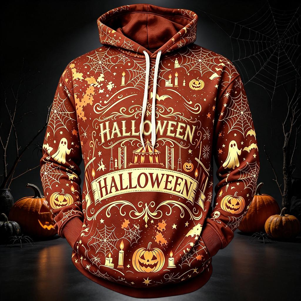 Men's Casual Long Sleeve Hoodie with Halloween Print for Everyday Wear