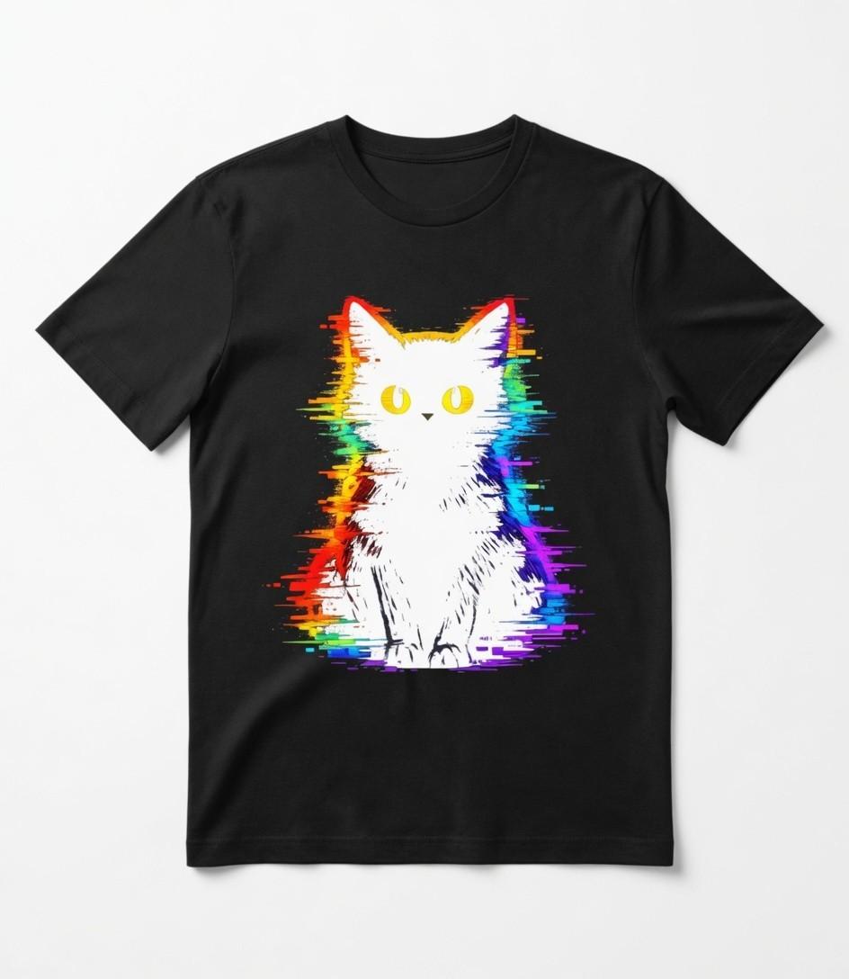 Rainbow Glitch Cat Psychedelic Vaporwave Double Sided Retro Graphic Tee Shirt XXXXL