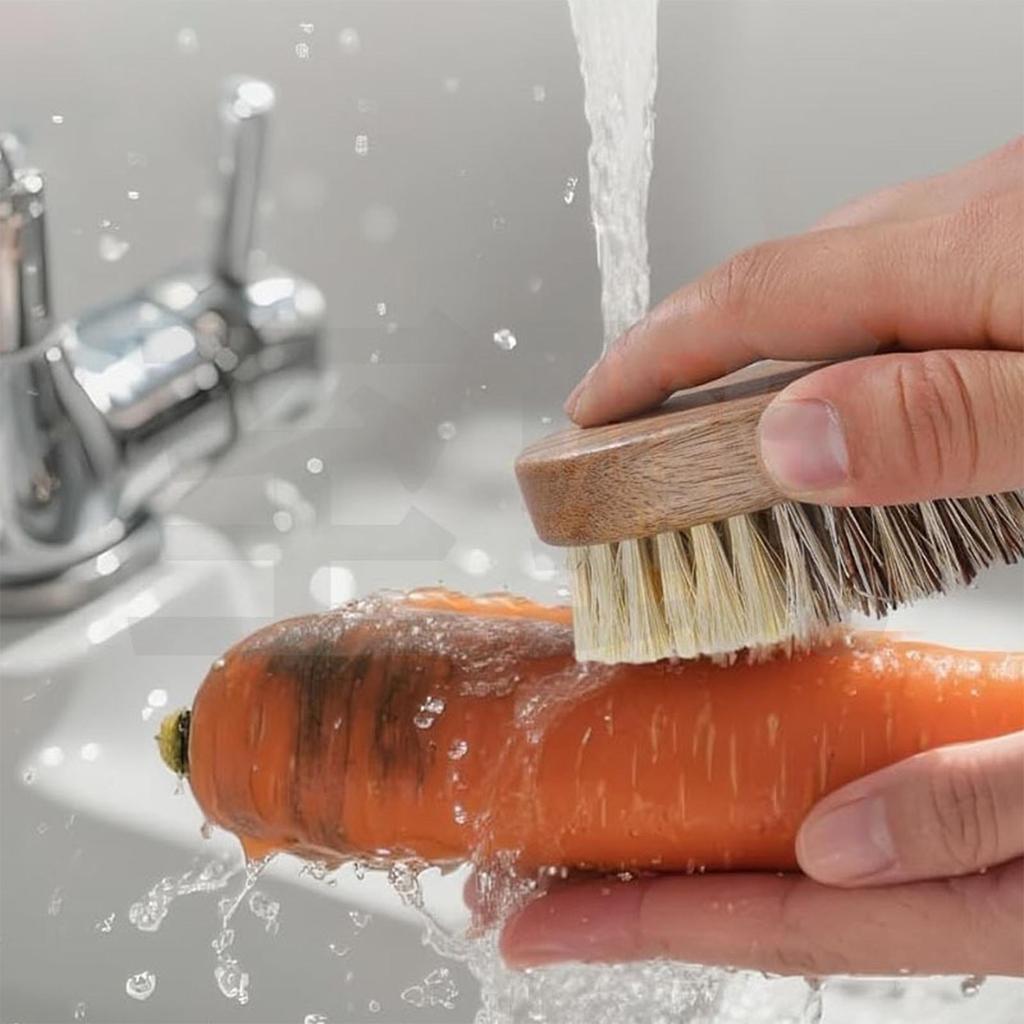Natural Solid Wood Kitchen Cleaning Brush Dual Bristle Fruit Vegetable Scrub Brush Dish Pot Sink Scrubber with Hanging Rope for Potato Carrot Cookware