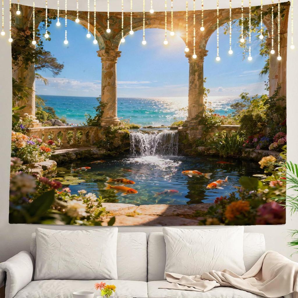 Large Tropical Waterfall Tapestry Wall Hanging Boho Mediterranean Arch View Coastal Beach Mural Decor for Living Room Home