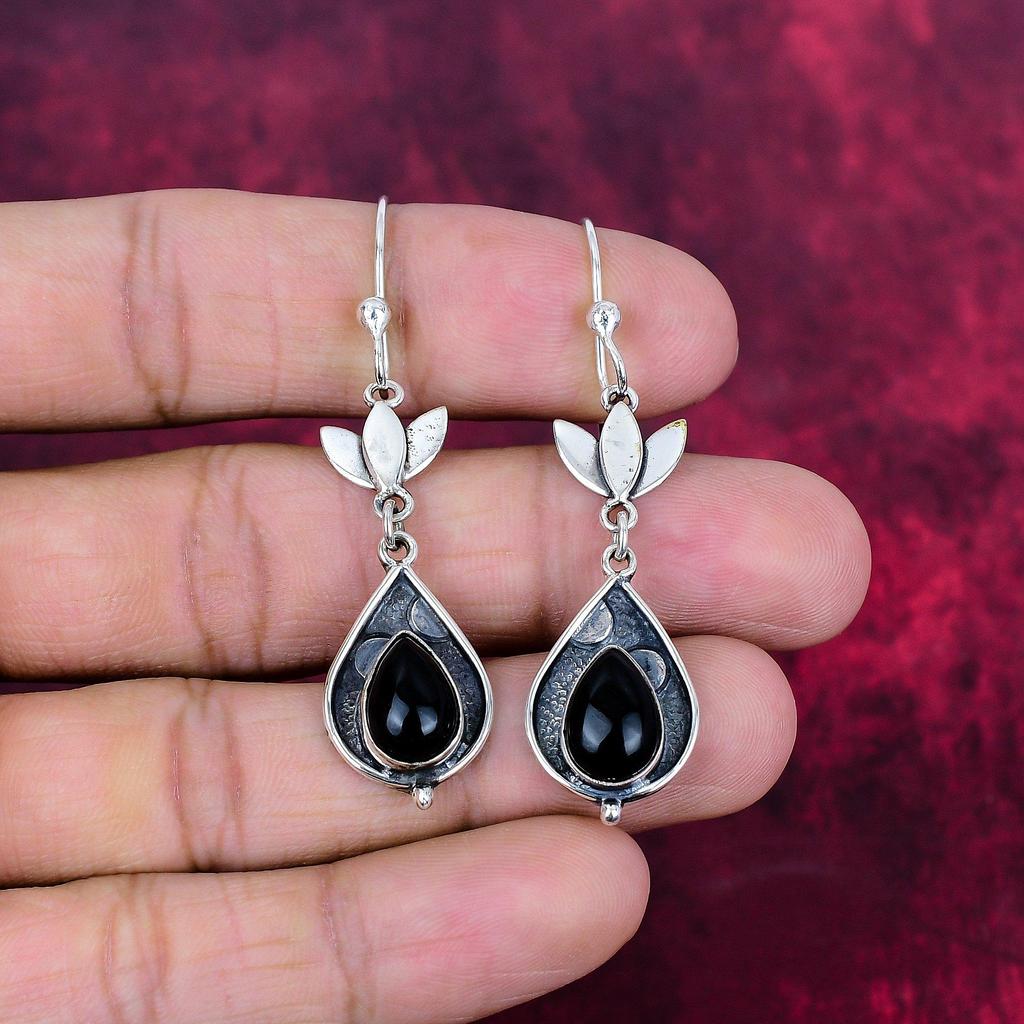 Black Onyx 925 Solid Sterling Silver Earrings, Handmade Gemstone Jewelry Earrings For Memorial Day
