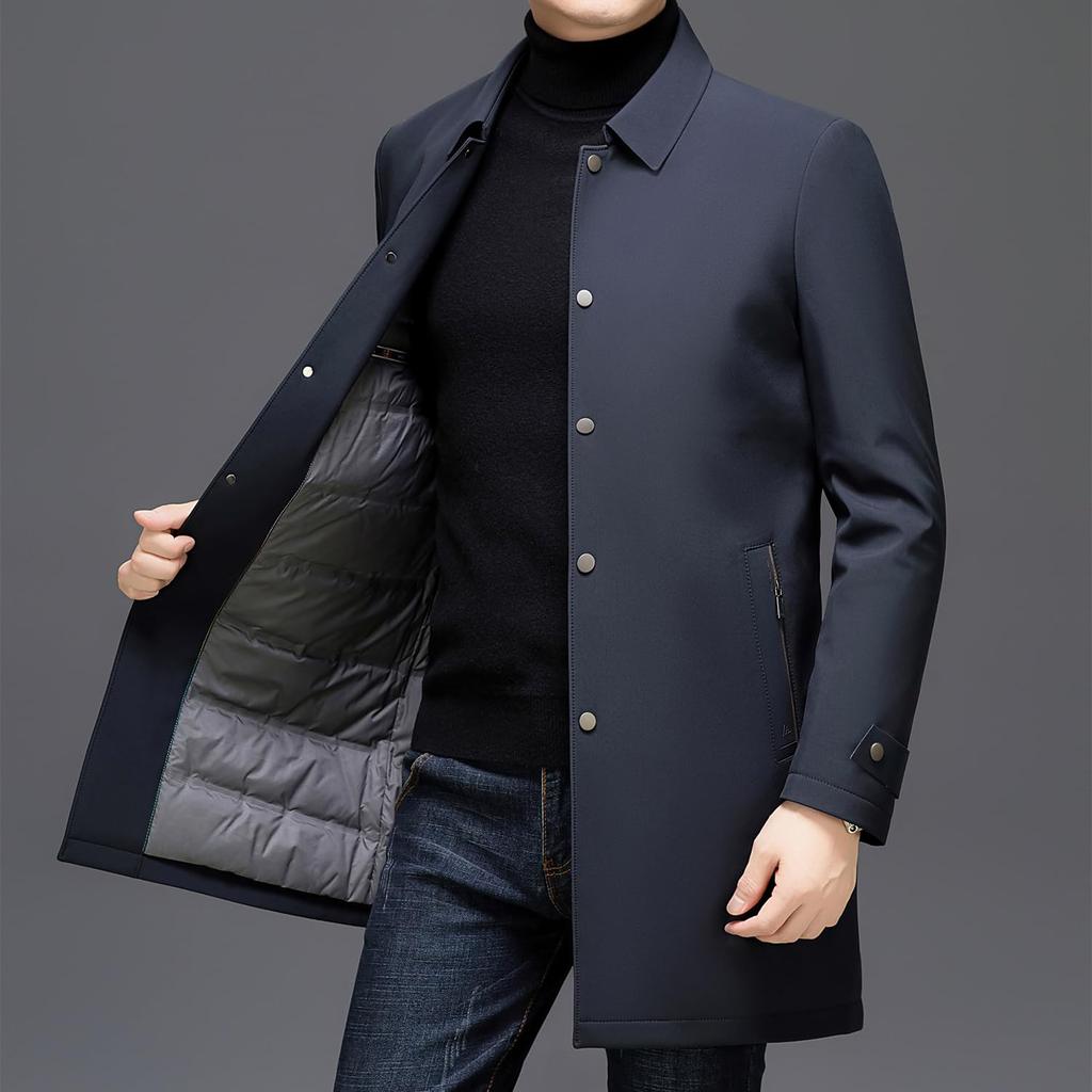 Casaco Longo de Penas Trench Coat de Penas Negócios [FJSSLHXK] Casaco Masculino, Sobretudo, Corta-vento, Roupa Exterior, Outono/Inverno, Azul Marinho, FJPJJF38-NAVY-L