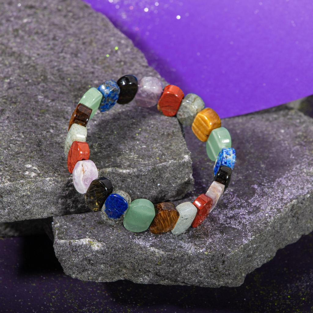 Bracelet 7 Chakras Pierres Naturelles – Lave, Jaspe, Citrine, œil Tigre, Aventurine, Lapis, Améthyste, Quartz – Élastique 19 Cm - 5