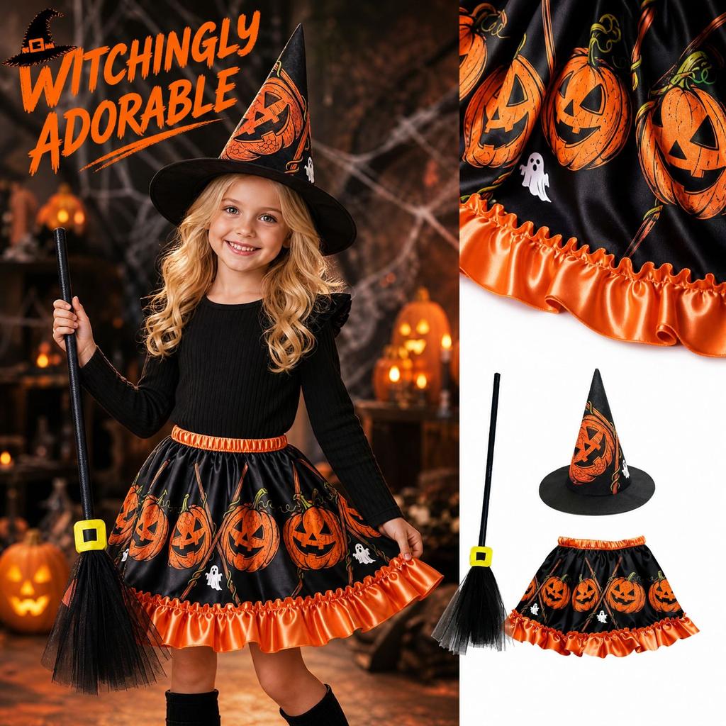 Girls Halloween Pumpkin Print Dress with Witch Hat and 3 Piece Costume Set