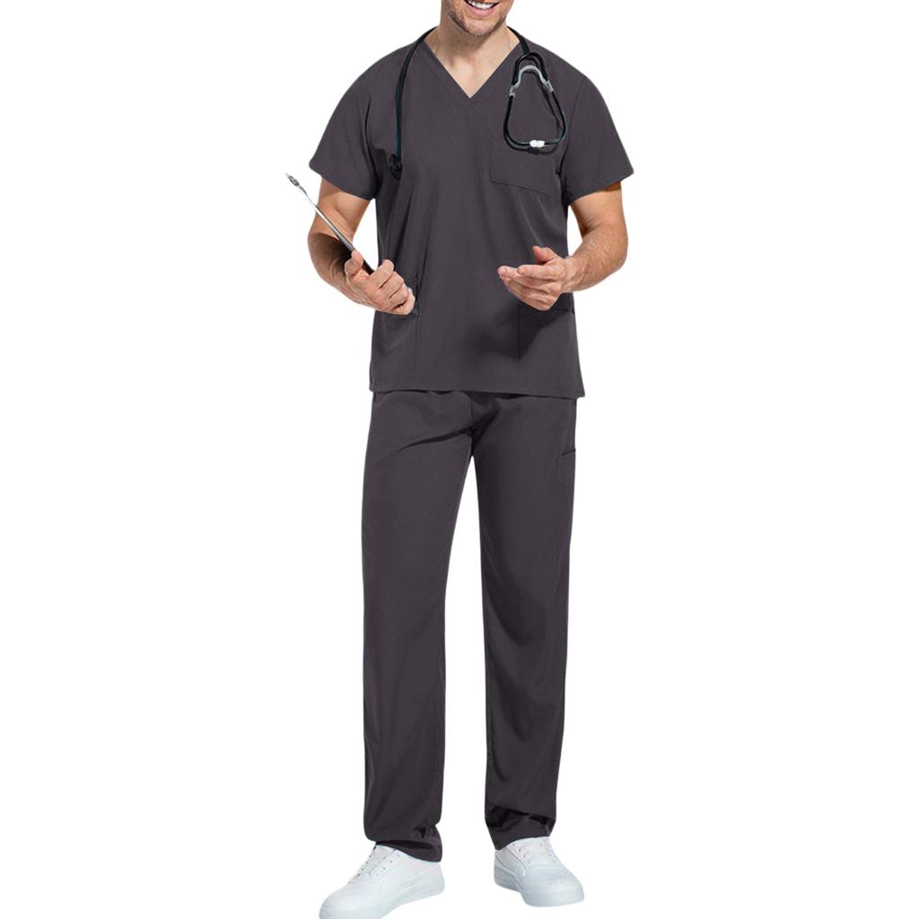 Unisex V Neck Scrub Set Short Sleeve Top and Elastic Waist Pants Two Piece Uniform for Medical Professionals