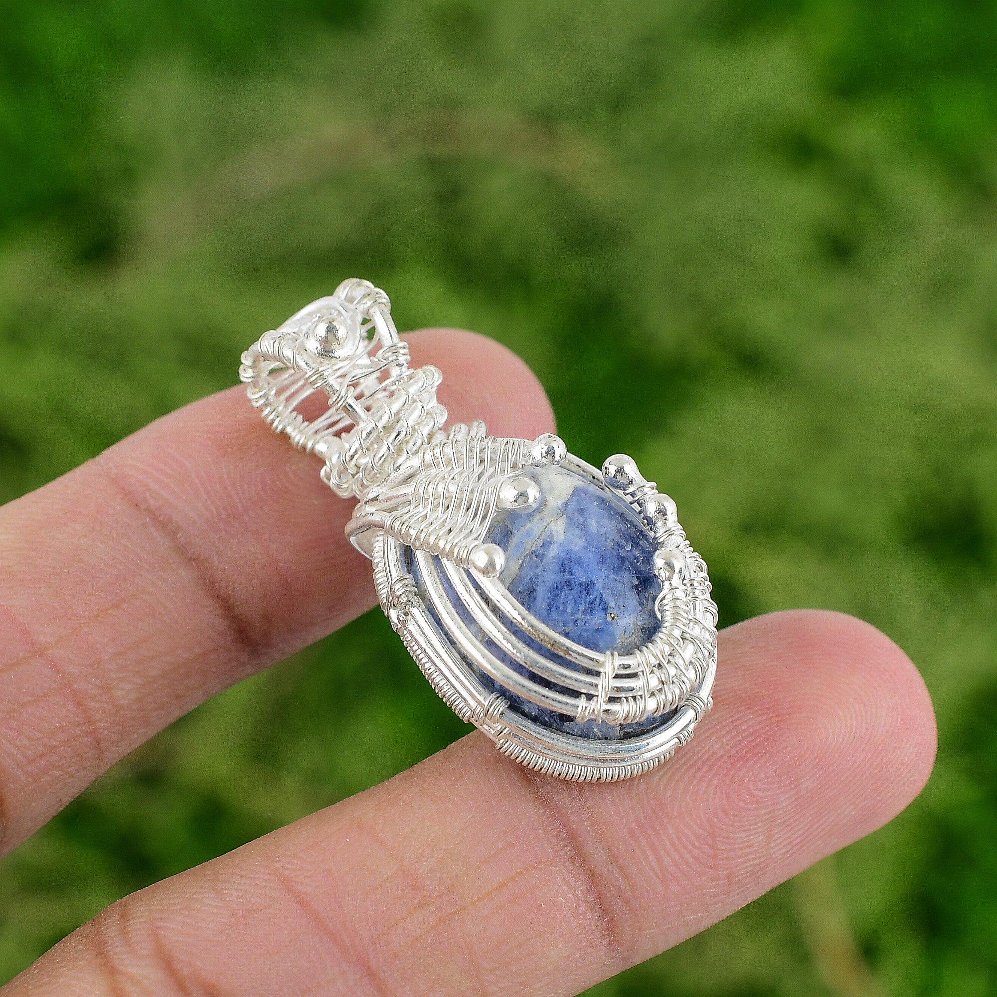 

Sodalite Gemstone Wire Wrapped Third Eye Chakra Pendant Jewelry Sterling Silver