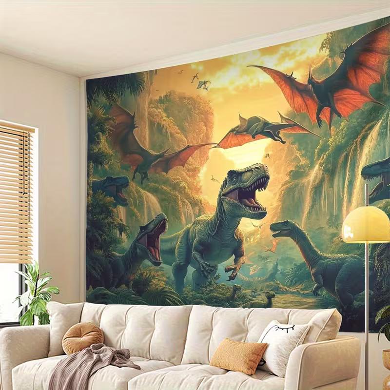 Kids Dinosaur Sunset Tapestry, 150x100cm Tropical Jungle Waterfall Jurassic Landscape Wall Art for Bedroom, Living Room