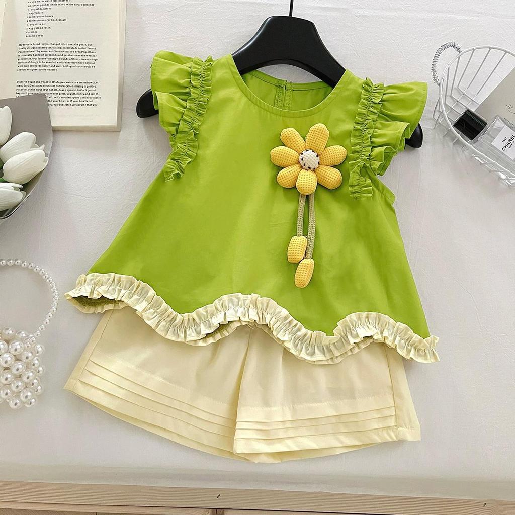 Girls' 2-Piece Cotton Set - Summer Baby Girl Flower Pattern Top+white Shorts Cute Casual Outfit S-XXL