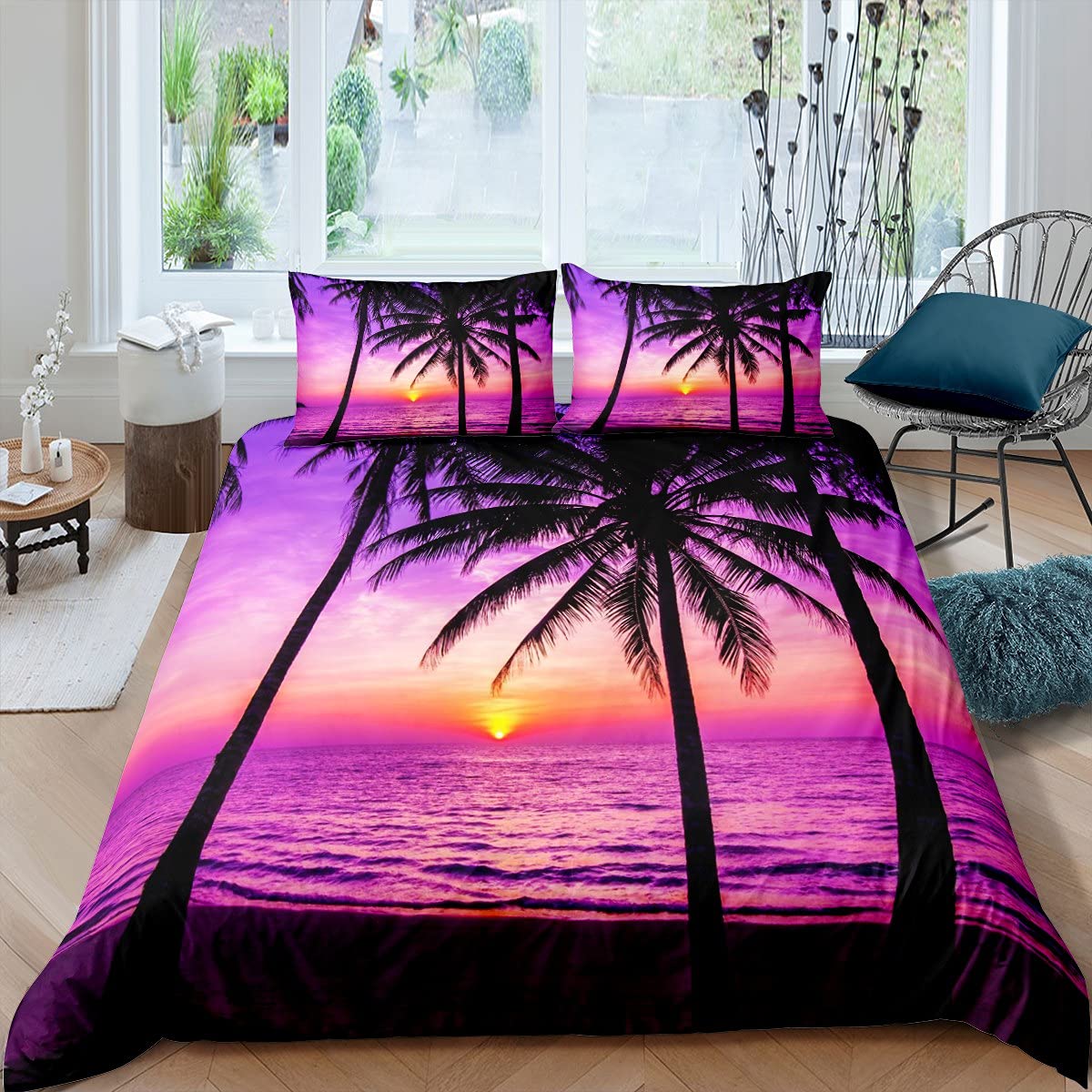 

Palm Tree Duvet Cover King Queen Full Twin Tropical Leaves Comforter Cover Watercolor Style Bedding Set Polyester Quilt Cover EU Single(135x200cm)