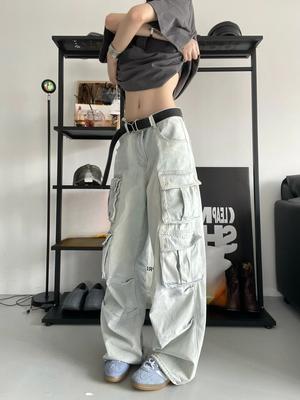 High Street Retro High Waist Pockets Jeans Female Y2K Baggy Japanese 2000s Denim Trouser Women's Washed Vintage Casual Pants