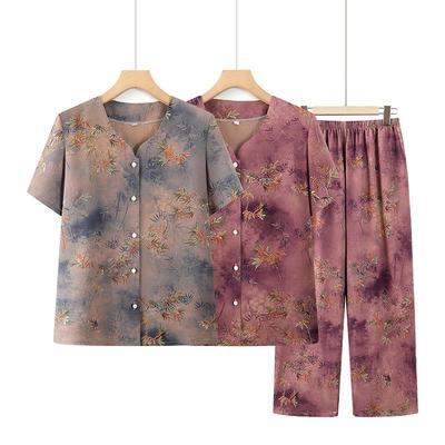 Grandma's Summer Two-Piece Set: Short-Sleeve Round-Neck Shirt for Middle-Aged and Elderly Women