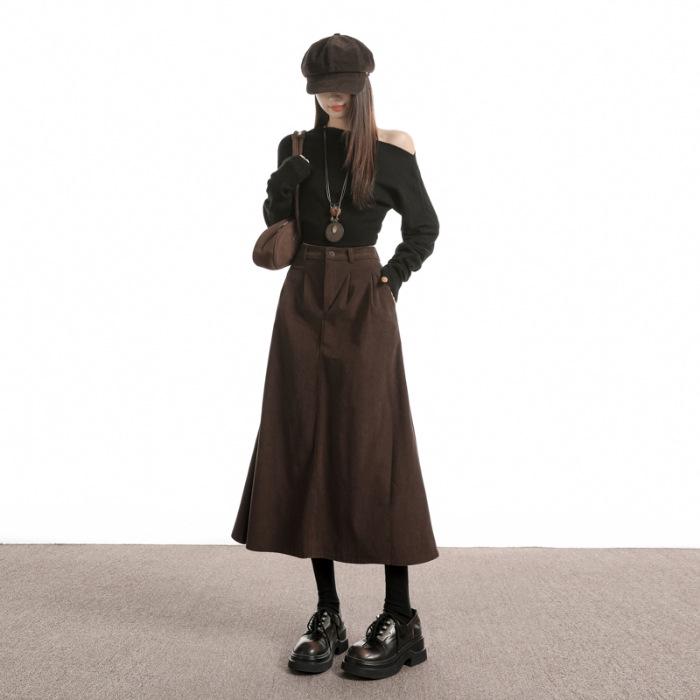 Женская вельветовая юбка средней длины - Корейский стиль, Стройнящая, Универсальная, Осенне-зимняя мода L