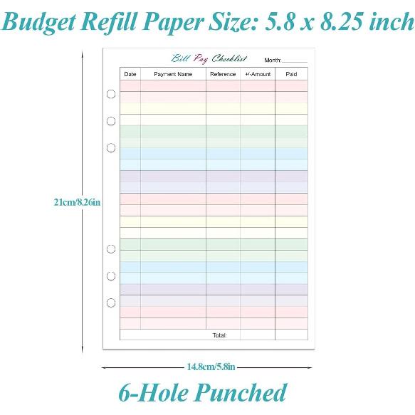 .com : Payment Checklist Refills - 50 Sheets/100 Pages Colorful Monthly Budget Forms for A5 Binder, 6 Hole Punched, 100 gsm White Paper, 5.8" x 8.3"