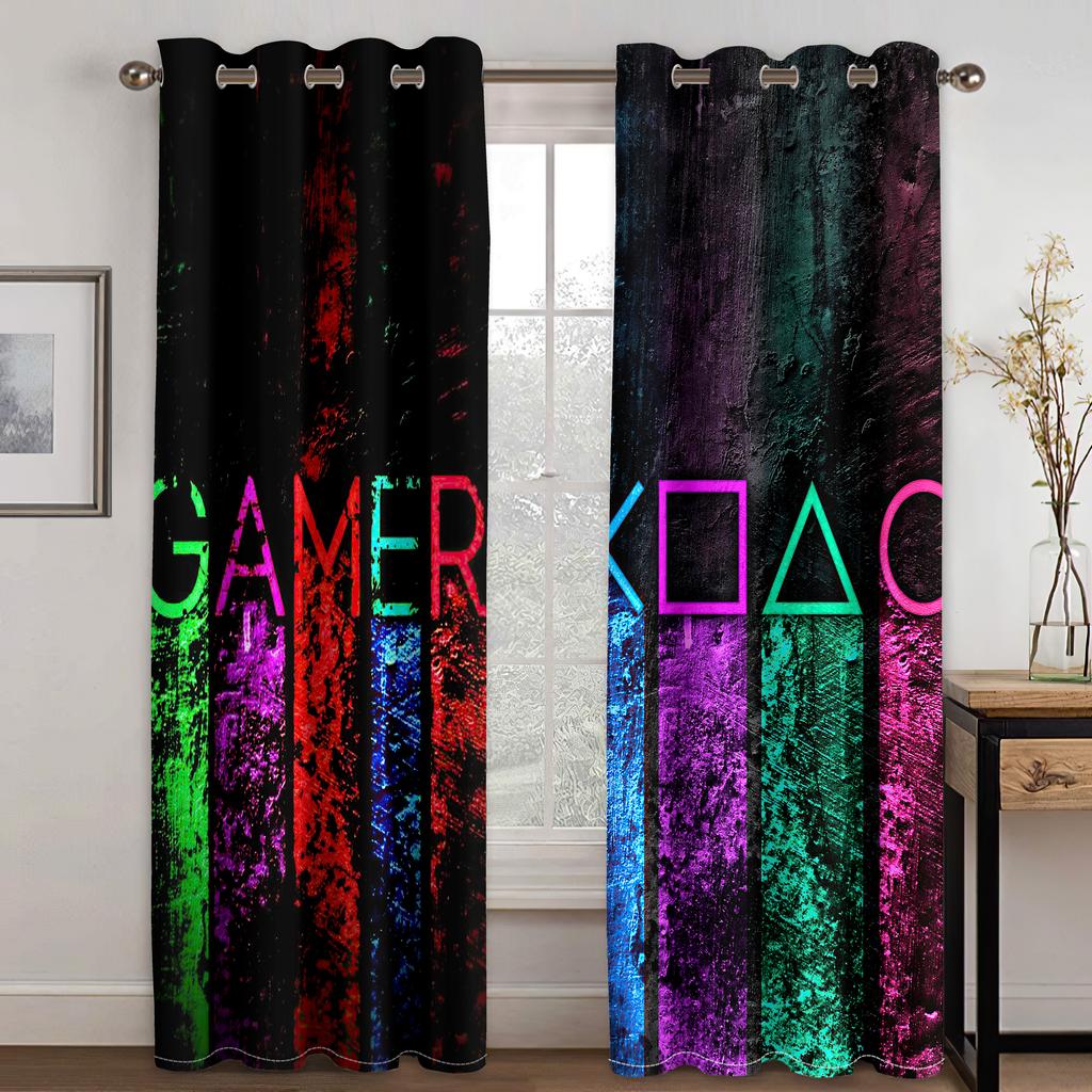 2 Pieces Game Play Handle Controller Gamepad Kids Curtains Window Treatment for Bedroom Office Kitchen Living Room Home Decor