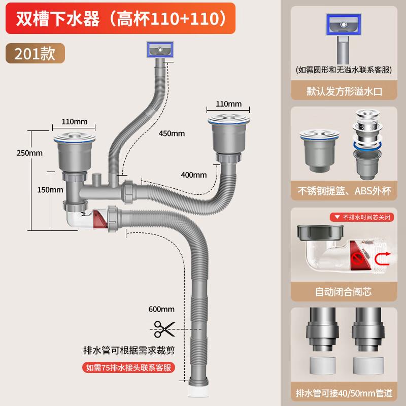Комплект сливных труб для двойной раковины из нержавеющей стали