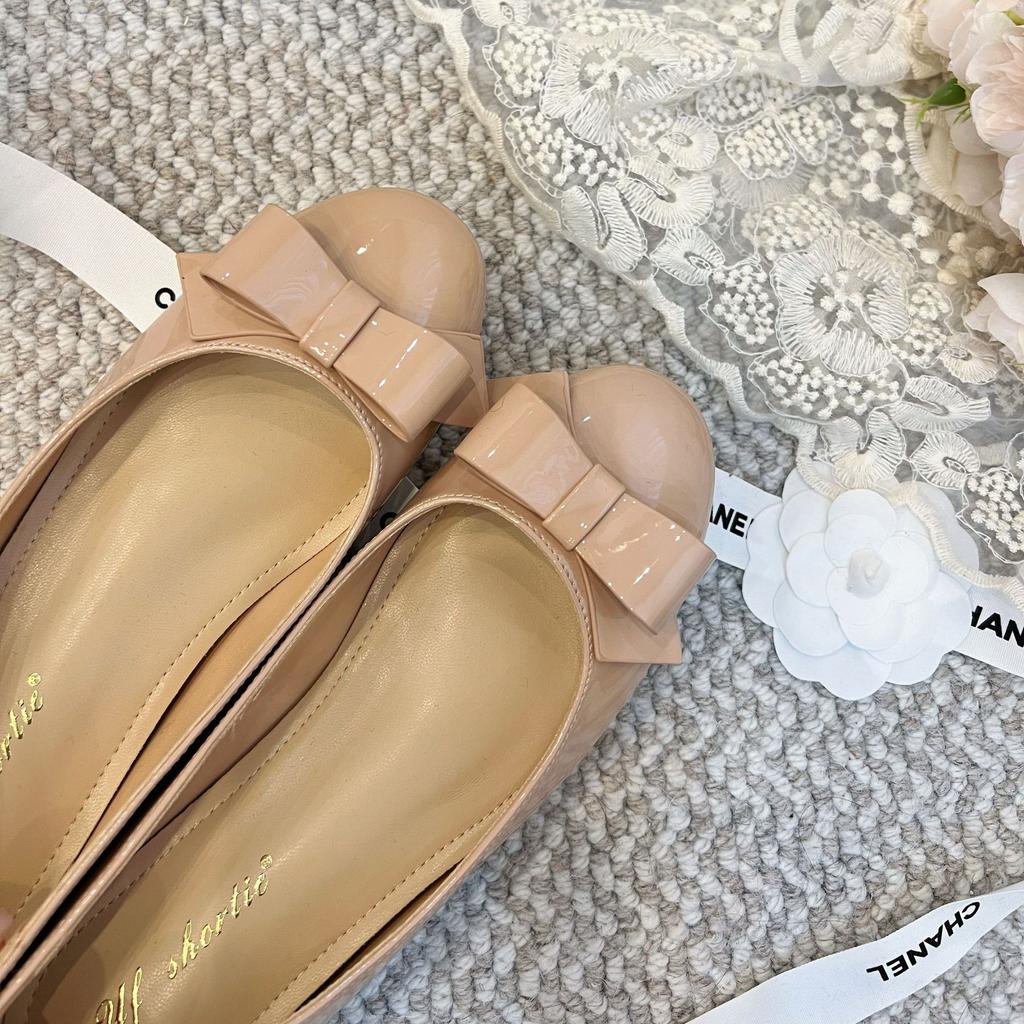 Height Increase 5cm Bow Round Head Shallow Mouth Single Shoes Women's 2025 Spring New Fairy Wind Patent Leather One-pedal Soft-soled Shoes