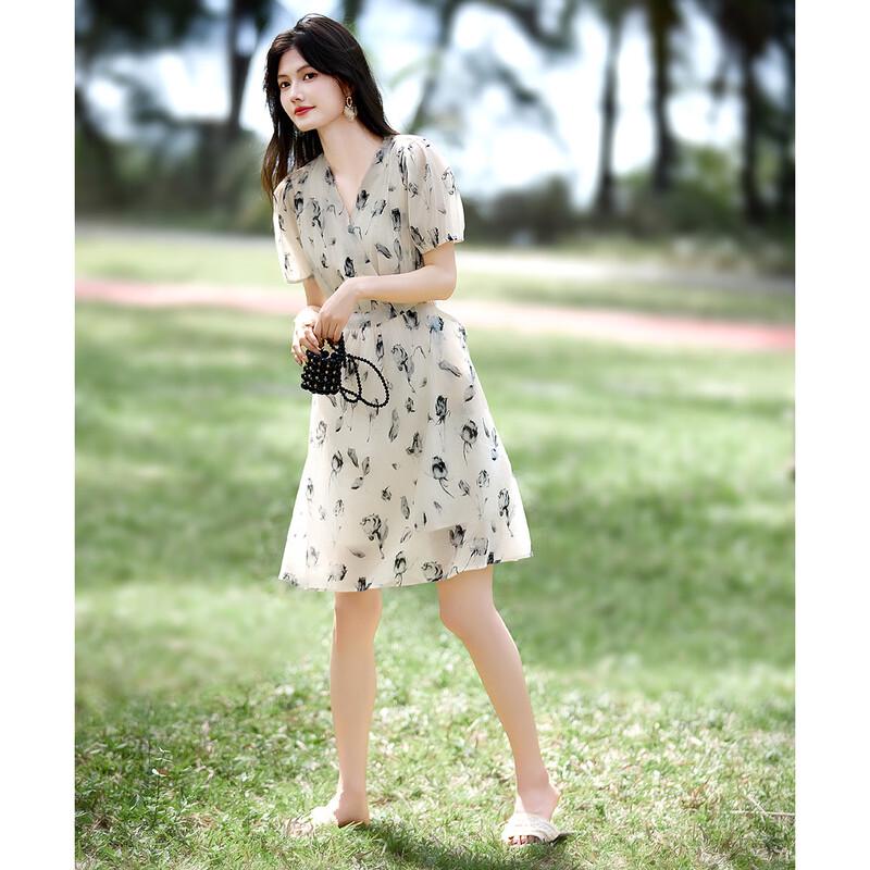Shangjing French V-Neck Printed Summer Dress