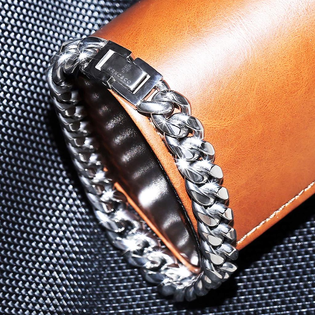 Kihei Bracelet Cuban Bracelet Width 10mm Stainless Steel Thick White Gold Plated Kihei Chain Bracelet 4 Side Cut Men Hip Hop Street B Series