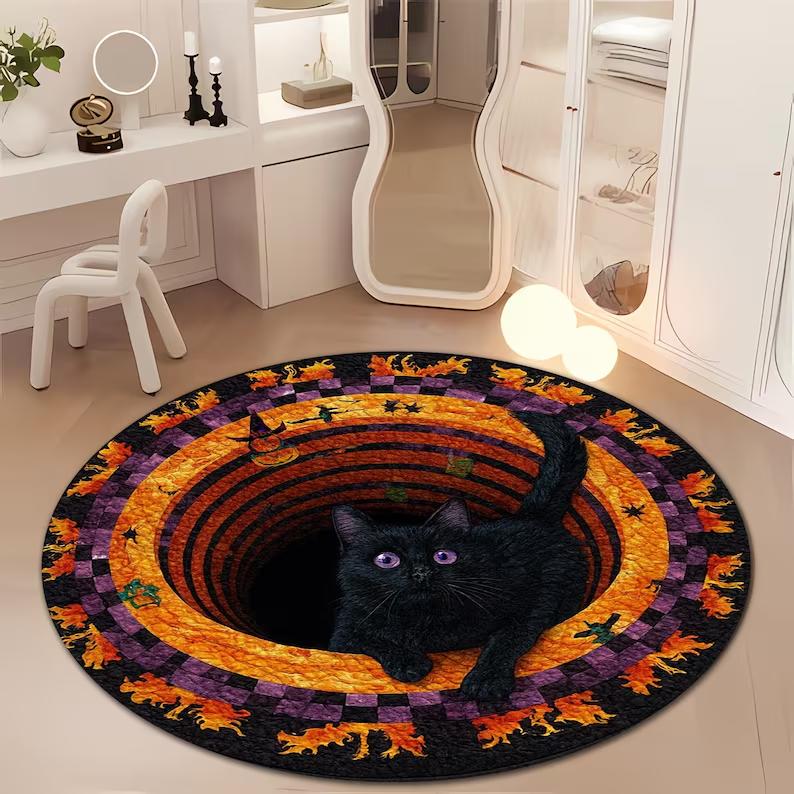 

3D Cat Illusion Round Rug Blue Striped Animal Area Carpet Living Room Bedroom Holiday Home Decoration Rugs 100cm