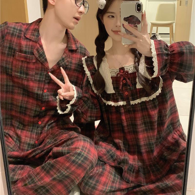Korean Style Autumn/Winter Couples Red Plaid Lace Homewear Set: Comfortable and Sweet.