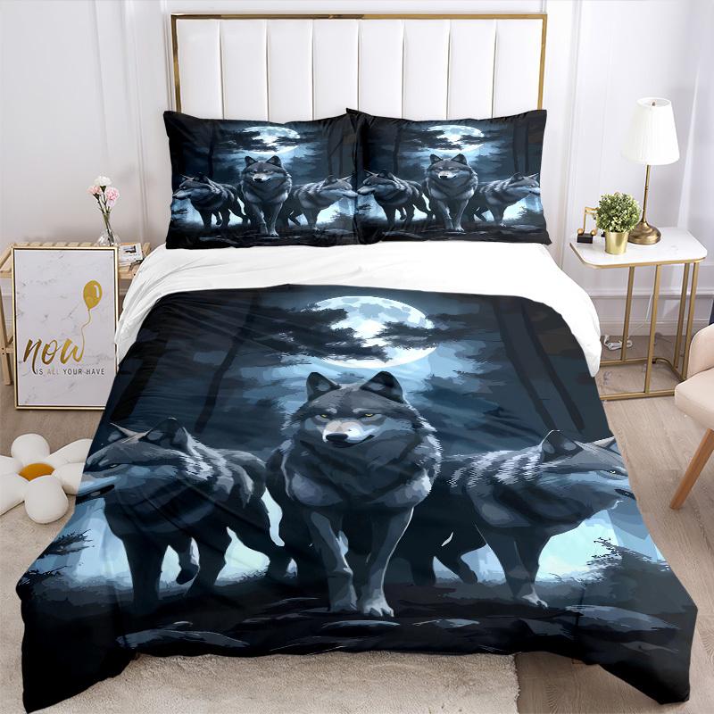 3pcs Wolf Pack Moonlight Bedding Set Down Comforter Cover and Pillowcases, Suitable for All Seasons(No Insert)-0729075
