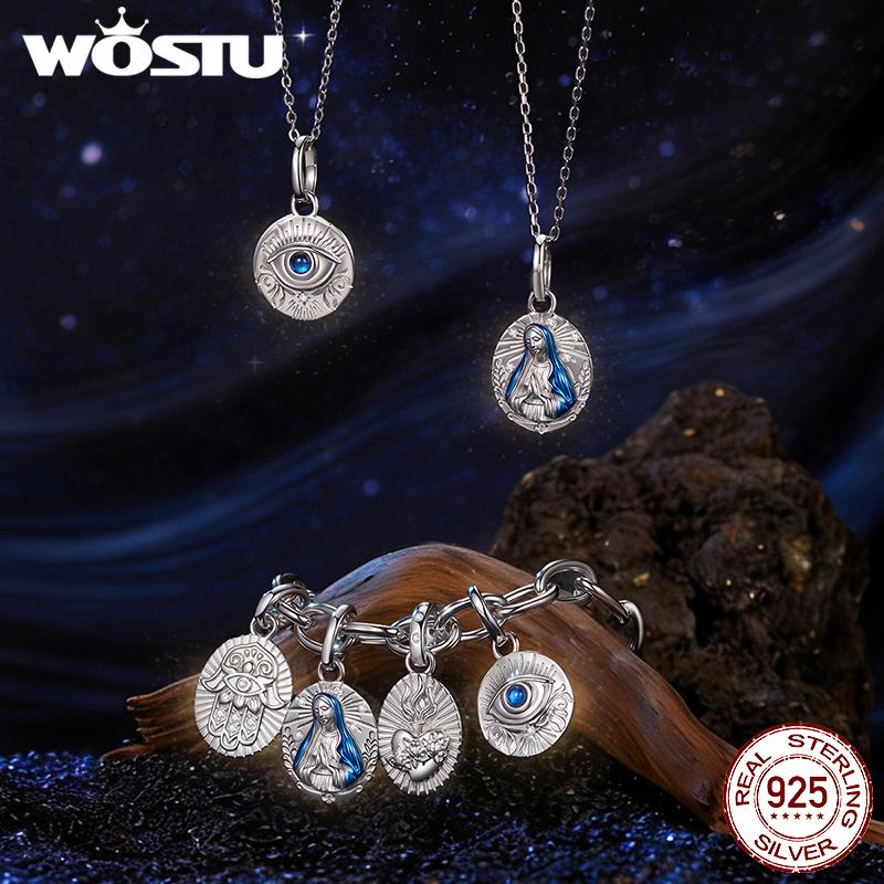 WOSTU 925 Sterling Silver Jesus Virgin Mary Pendant Charm The Hand of Fatima Bead Fit Bracelet Necklace DIY Prayer Family Gift