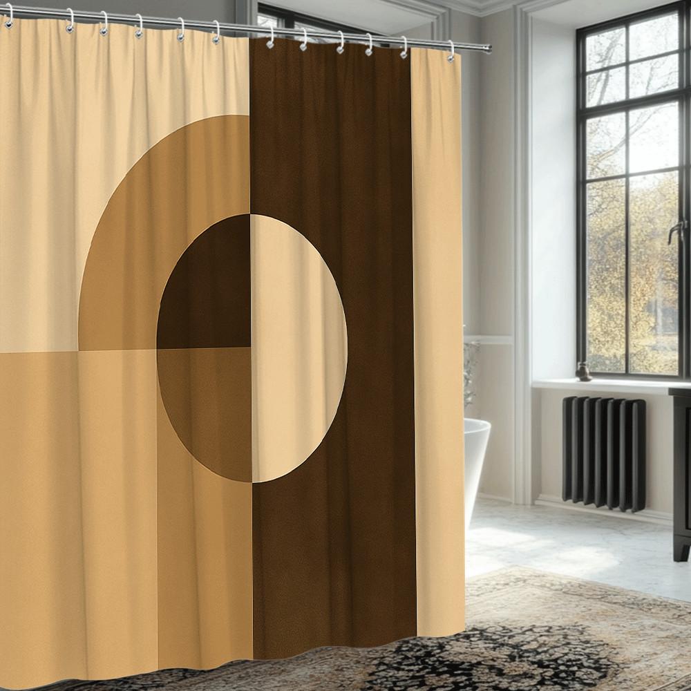 Modern Geometric Shower Curtain Abstract Circle Design In Warm Beige And Brown Easy To Install Waterproof Fabric Non-Toxic