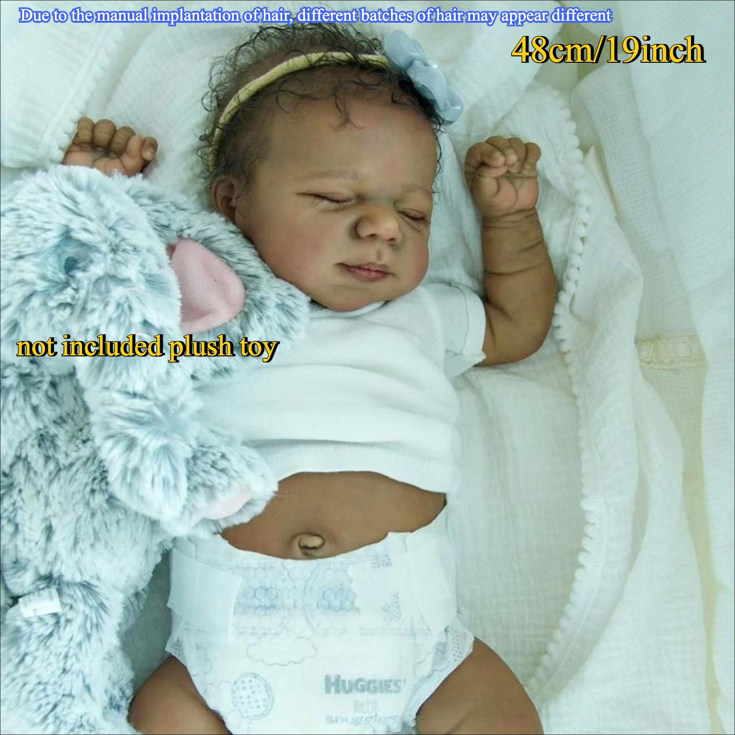 

BZDOLL Realistic 48cm 19inch Black Skin Baby Reborn Asleep Girl Doll Full Body Soft Vinyl Bebe Waterproof Toy Lifelike Birthday Gift for Kids vinyl body doll