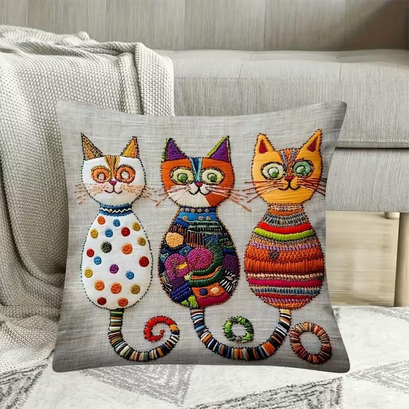 Colorful Bohemian Short Plush Pillowcase 45x45cm Adorable Kitten Living Room Bedroom Decor (Pillow Insert Not Included)