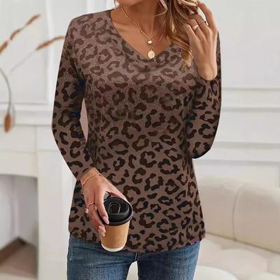V-neck 3D Printed Leopard Pattern Top Fashionable Casual Long Sleeved Women's T-shirts