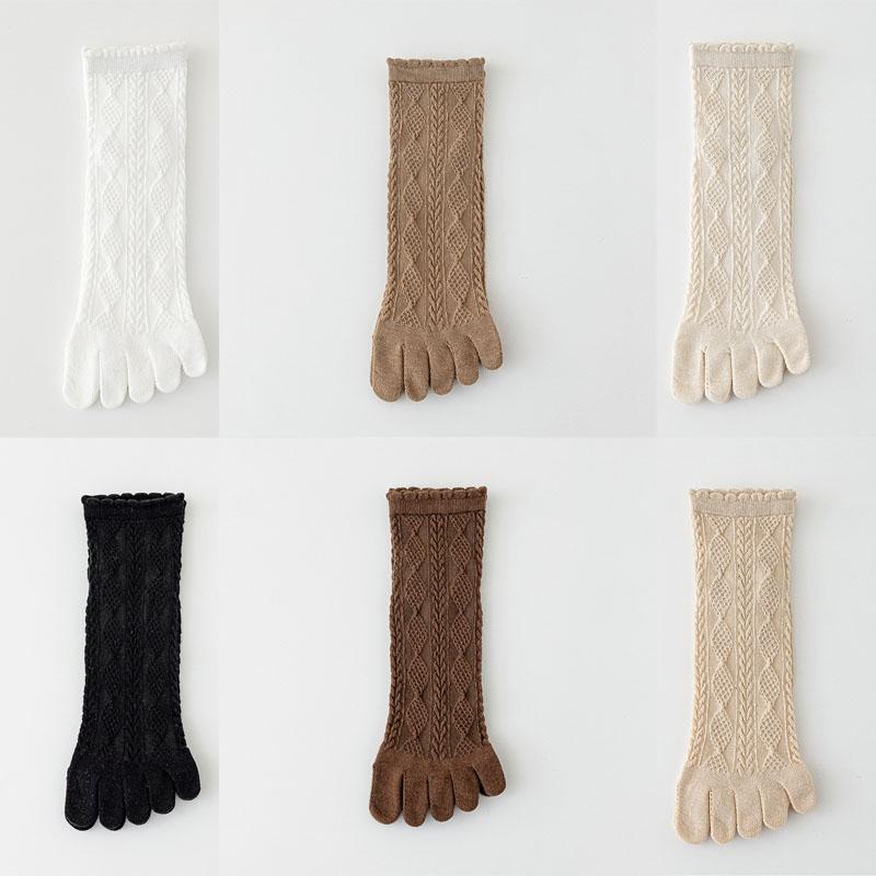 6 Pairs Women Spring and Autumn Pure Cotton Five Finger Socks Retro Solid Color Lace Striped Split Toe Socks Vintage Comfortable Socks